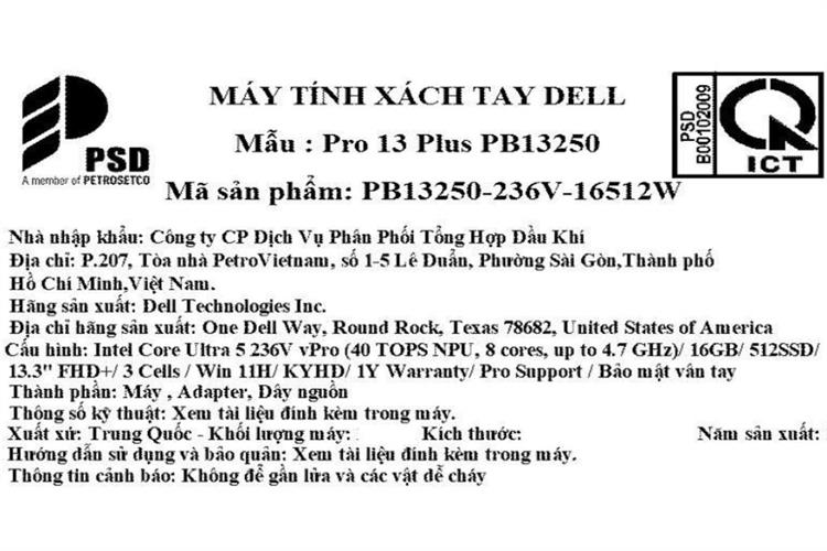 Laptop Dell Pro 13 Plus PB13250 - 236V-16512W (Ultra 5 236V, 16GB, 512GB, Full HD+, KYHD, Win11) Màu Bạc