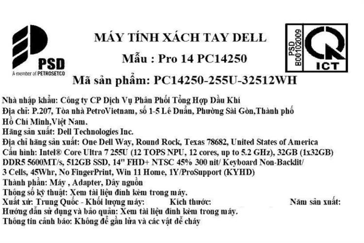 Laptop Dell Pro 14 PC14250 - 255U-32512WH (Ultra 7 255U, 32GB, 512GB, Full HD+, KYHD, Win11) Màu Bạc