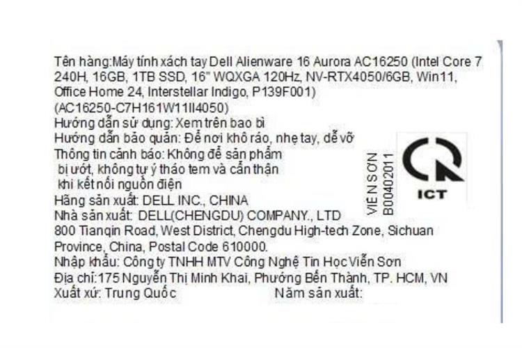 Laptop Dell Gaming Alienware 16 Aurora AC16250 - C7H161W11II4050 (Core 7 240H, 16GB, 1TB, RTX 4050 6GB, WQXGA 120Hz, OfficeH24+365, Win11) Màu Xanh Đậm