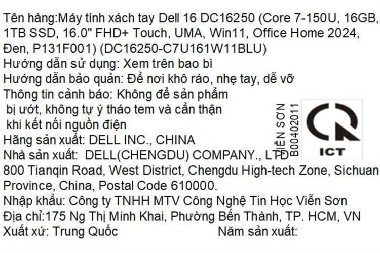 Laptop Dell 16 DC16250 - C7U161W11BLU (Core 7 150U, 16GB, 1TB, Full HD+, Cảm ứng, OfficeH24+365, Win11) Màu Đen