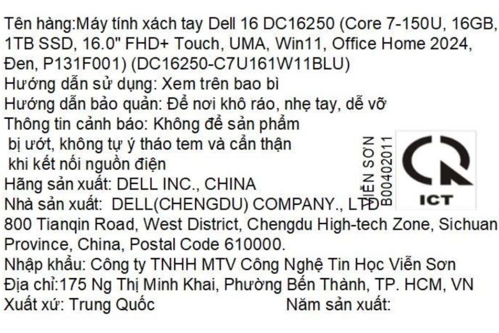 Laptop Dell 16 DC16250 - C7U161W11BLU (Core 7 150U, 16GB, 1TB, Full HD+, Cảm ứng, OfficeH24+365, Win11) Màu Đen