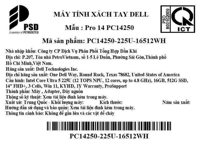 Laptop Dell Pro 14 PC14250 - 225U-16512WH (Ultra 5 225U, 16GB, 512GB, Full HD+, KYHD, Win11) Màu Bạc