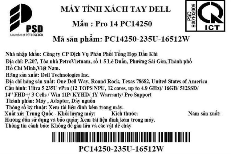 Laptop Dell Pro 14 PC14250 - 235U-16512W (Ultra 5 235U, 16GB, 512GB, Full HD+, KYHD, Win11Pro) Màu Bạc