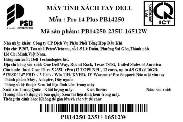 Laptop Dell Pro 14 Plus PB14250 - 235U-16512W (Ultra 5 235U, 16GB, 512GB, Full HD+, KYHD, Win11) Màu Bạc