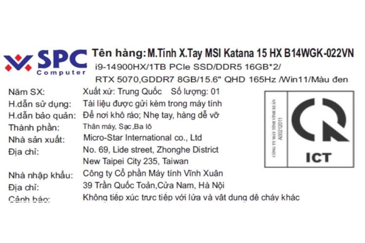 Laptop MSI Gaming Katana 15 HX B14WGK - 022VN (i9 14900HX, 32GB, 1TB, RTX 5070 8GB, QHD 165Hz, Win11) Màu Đen