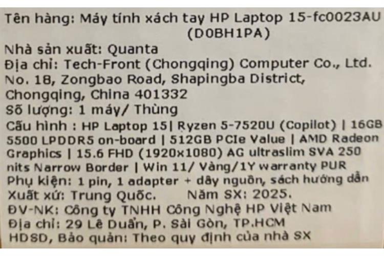 Laptop HP 15 fc0023AU - D0BH1PA (R5 7520U, 16GB, 512GB, Full HD, Win11) Màu Vàng