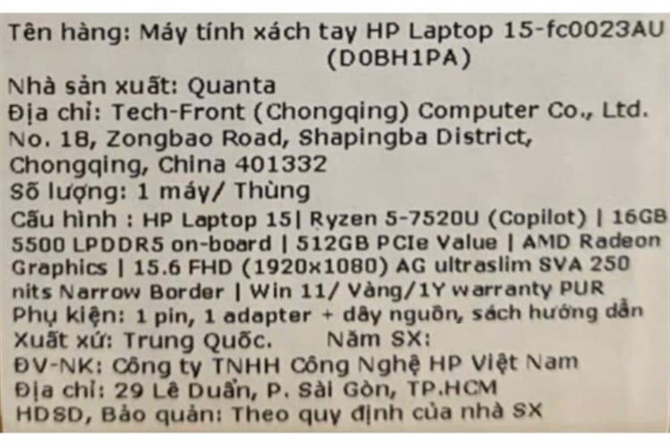 Laptop HP 15 fc0023AU - D0BH1PA (R5 7520U, 16GB, 512GB, Full HD, Win11) Màu Vàng