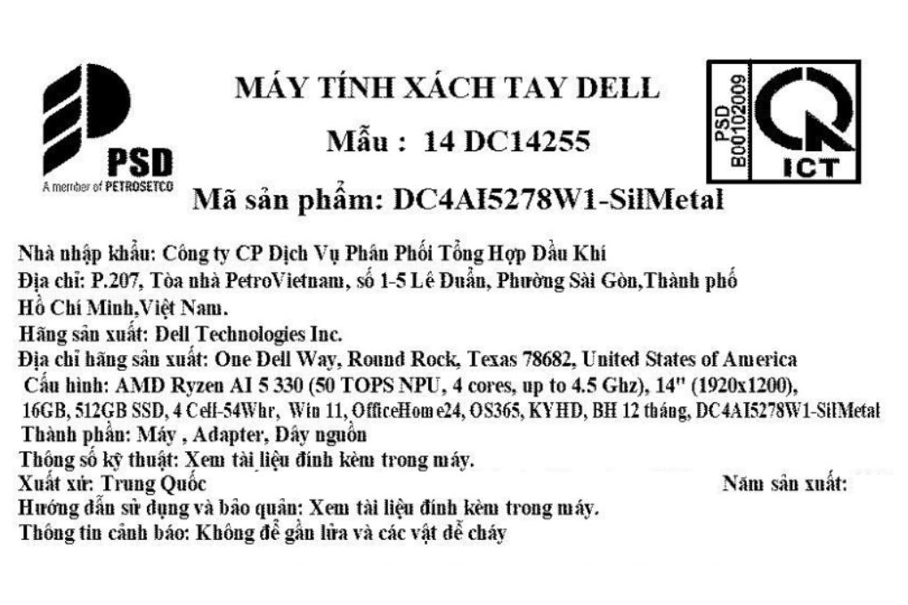 Laptop Dell 14 DC14255 - DC4AI5278W1 (R5 AI 330, 16GB, 512GB, Full HD+, KYHD, OfficeH24+365, Win11) - 16