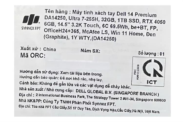Laptop Dell 14 Premium DA14250 - 71083616 (Ultra 7 255H, 32GB, 1TB, RTX 4050 6GB, 3.2K OLED 120Hz, Cảm ứng, OfficeH24+365, Win11) Màu Đen