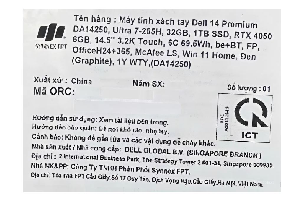 Laptop Dell 14 Premium DA14250 - 71083616 (Ultra 7 255H, 32GB, 1TB, RTX 4050 6GB, 3.2K OLED 120Hz, Cảm ứng, OfficeH24+365, Win11) - 7