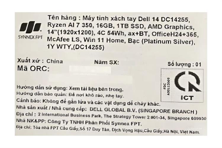 Laptop Dell 14 DC14255 - 71083617 (R7 AI 350, 16GB, 1TB, Full HD+, OfficeH24+365, Win11) Màu Bạc