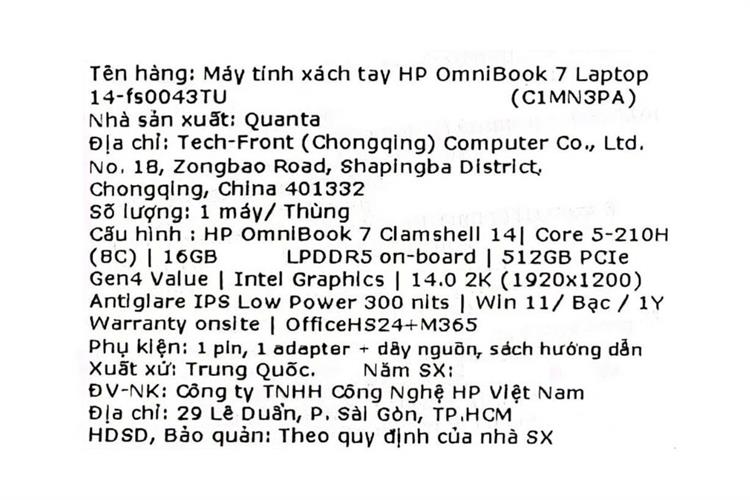 Laptop HP OmniBook 7 14 fs0043TU - C1MN3PA (Core 5 210H, 16GB, 512GB, 2K, OfficeH24+365, Win11) Màu Bạc