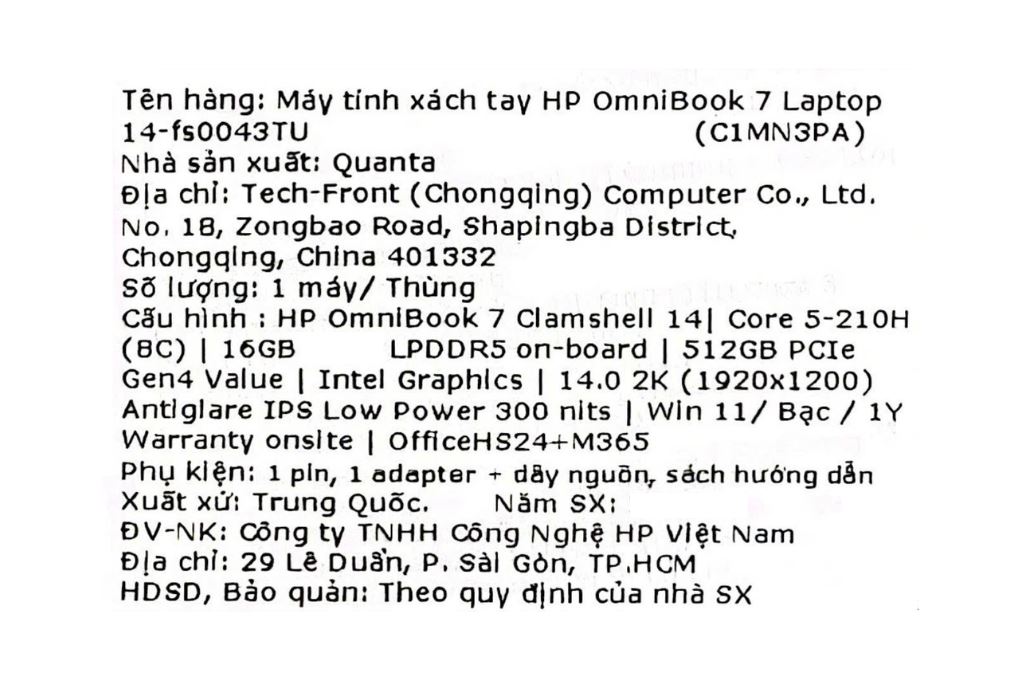 Laptop HP OmniBook 7 14 fs0043TU - C1MN3PA (Core 5 210H, 16GB, 512GB, 2K, OfficeH24+365, Win11) Màu Bạc