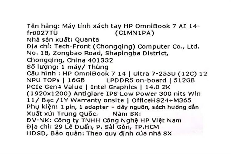 Laptop HP OmniBook 7 14 fr0027TU - C1MN1PA (Ultra 7 255U, 16GB, 512GB, 2K, OfficeH24+365, Win11) Màu Bạc