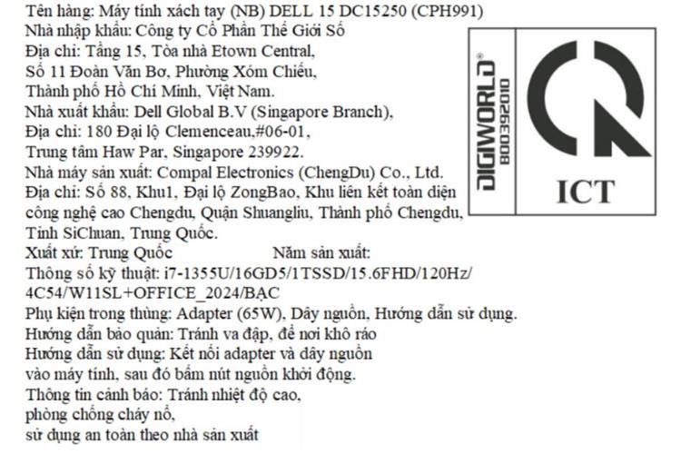 Laptop Dell 15 DC15250 - CPH991 (i7 1355U, 16GB, 1TB, Full HD 120Hz, OfficeHS24+365, Win11) Màu Bạc