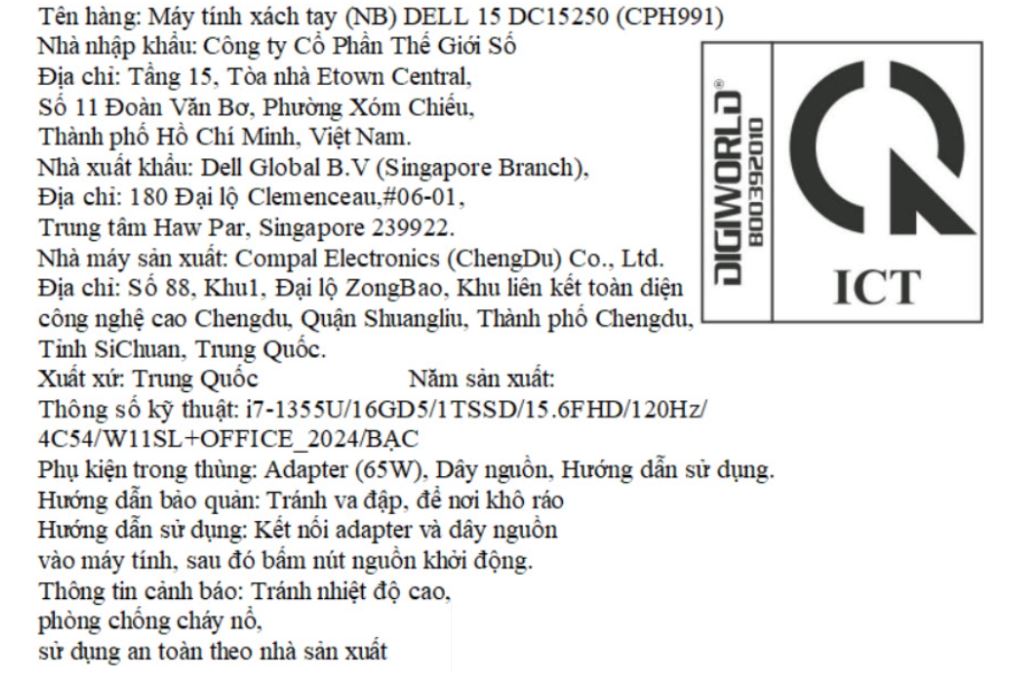 Laptop Dell 15 DC15250 - CPH991 (i7 1355U, 16GB, 1TB, Full HD 120Hz, OfficeHS24+365, Win11) Màu Bạc