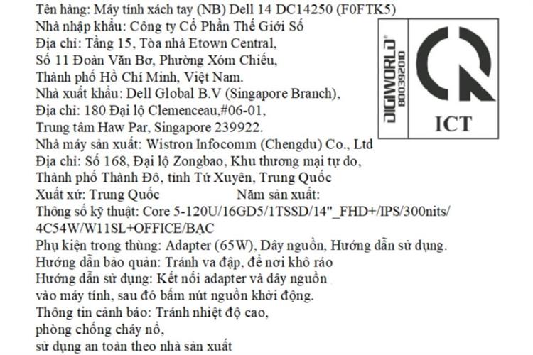 Laptop Dell 14 DC14250 - F0FTK5 (Core 5 120U, 16GB, 1TB, Full HD+, OfficeH24+365, Win11) Màu Bạc