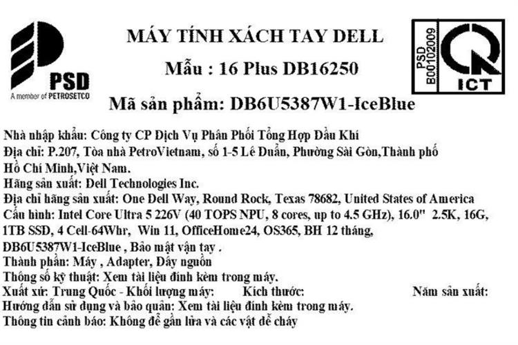 Laptop Dell 16 Plus DB16250 - DB6U5387W1 (Ultra 5 226V, 16GB, 1TB, WQXGA, OfficeH24+365, Win11) Màu Xanh da trời