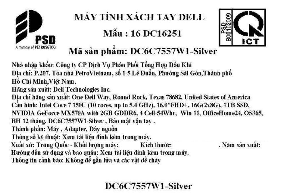 Laptop Dell 16 DC16251 - DC6C7557W1 (Core 7 150U, 16GB, 1TB, Full HD+, OfficeH24+365, Win11) Màu Bạc