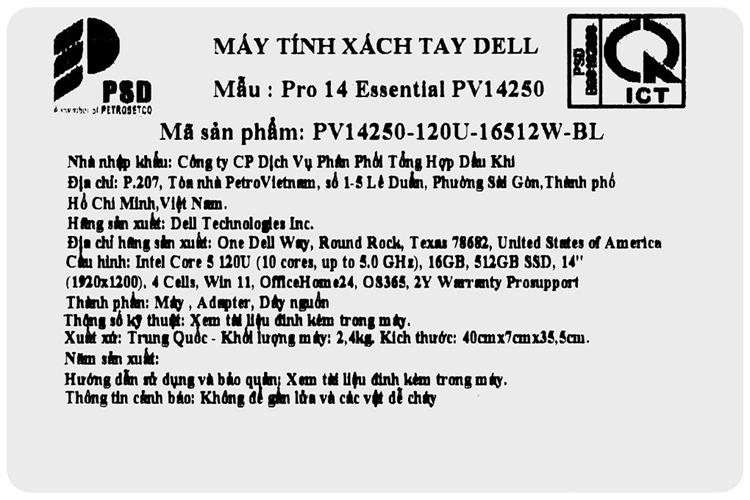 Laptop Dell Pro 14 Essential PV14250 - PV14250-120U-16512W-BL (Core 5 120U, 16GB, 512GB, Full HD+, OfficeH24+365, Win11) Màu Xanh Đậm