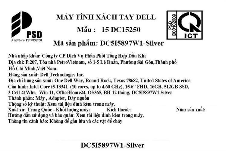 Laptop Dell 15 DC15250 - DC5I5897W1 (i5 1334U, 16GB, 512GB, Full HD+ 120Hz, OfficeH24+365, Win11) Màu Bạc