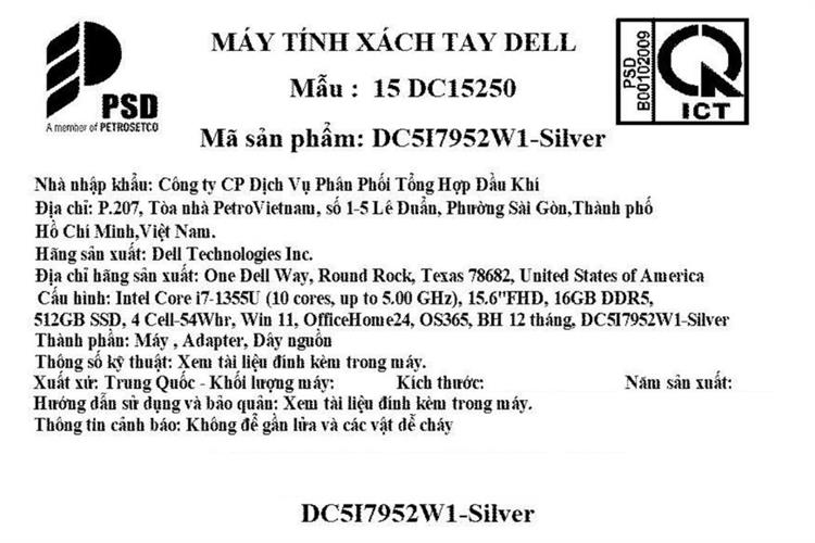Laptop Dell 15 DC15250 - DC5I7952W1 (i7 1355U, 16GB, 512GB, Full HD+ 120Hz, OfficeH24+365, Win11) Màu Bạc