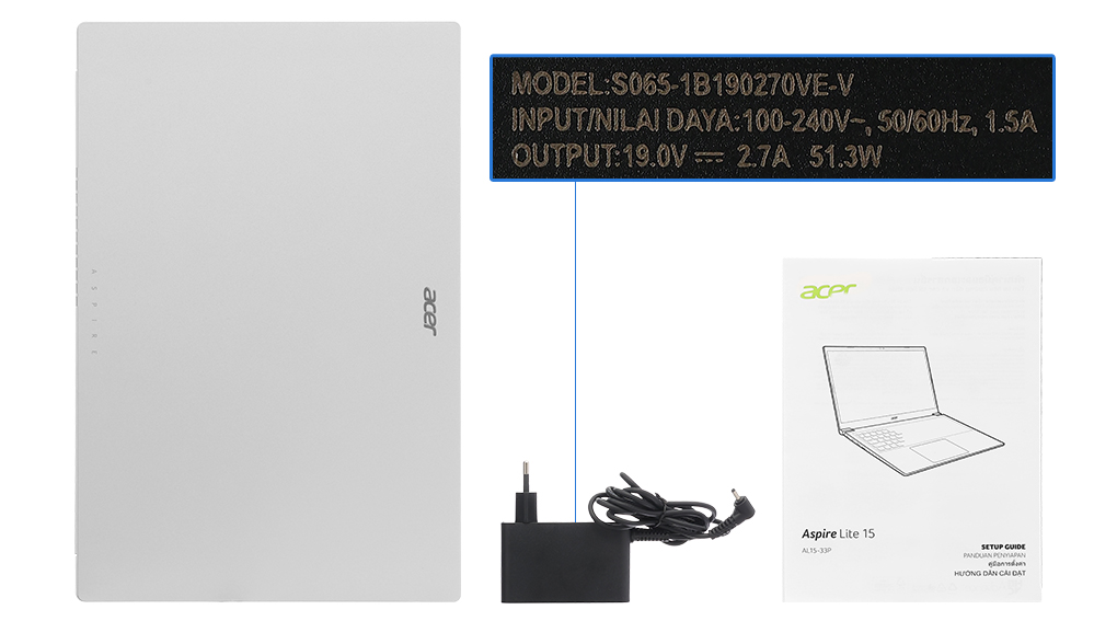 Bộ sản phẩm gồm: Sách hướng dẫn, Thùng máy, Sạc Laptop Acer ( 51.3W )