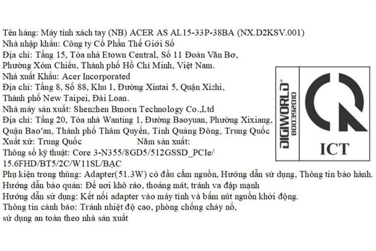 Laptop Acer Aspire Lite 15 AL15-33P-38BA - NX.D2KSV.001 (Core 3 N355, 8GB, 256GB, Full HD, Win11) Màu Bạc