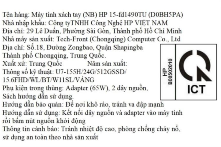 Laptop HP 15 fd1490TU - D0BH5PA (Ultra 7 155H, 24GB, 512GB, Full HD, Win11) Màu Vàng