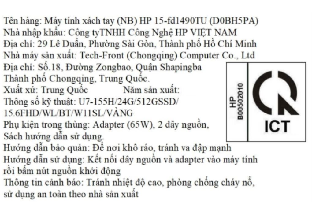 Laptop HP 15 fd1490TU - D0BH5PA (Ultra 7 155H, 24GB, 512GB, Full HD, Win11) Màu Vàng