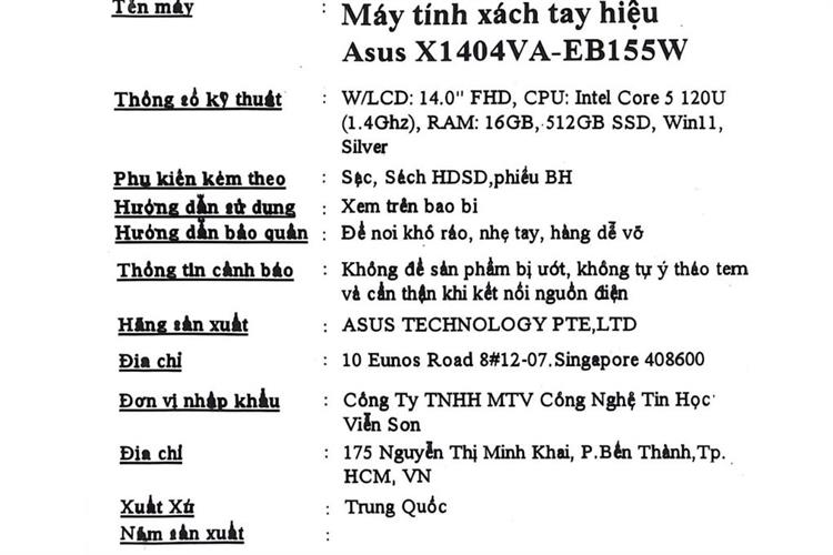 Laptop Asus Vivobook 14 X1404VA - EB155W (Core 5 120U, 16GB, 512GB, Full HD, Win11) Màu Bạc