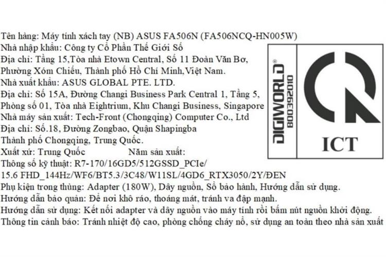 Laptop Asus TUF Gaming FA506NCQ - HN005W (R7 170, 16GB, 512GB, RTX 3050 4GB, Full HD 144Hz, Win11) Màu Đen