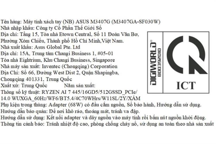 Laptop Asus Vivobook S14 M3407GA - SF030W (R7 AI 445, 16GB, 512GB, WUXGA OLED, Win11) Màu Xám