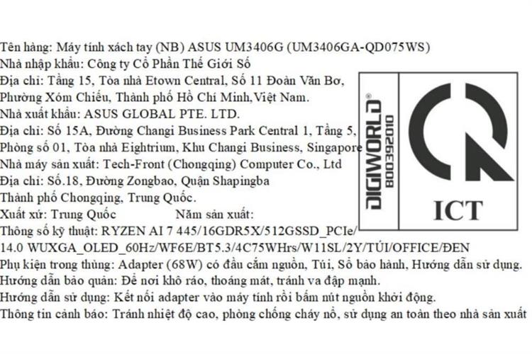 Laptop Asus Zenbook 14 UM3406GA - QD075WS (R7 AI 445 ,16GB, 512GB, WUXGA OLED, OfficeH24+365, Win11) Màu Đen