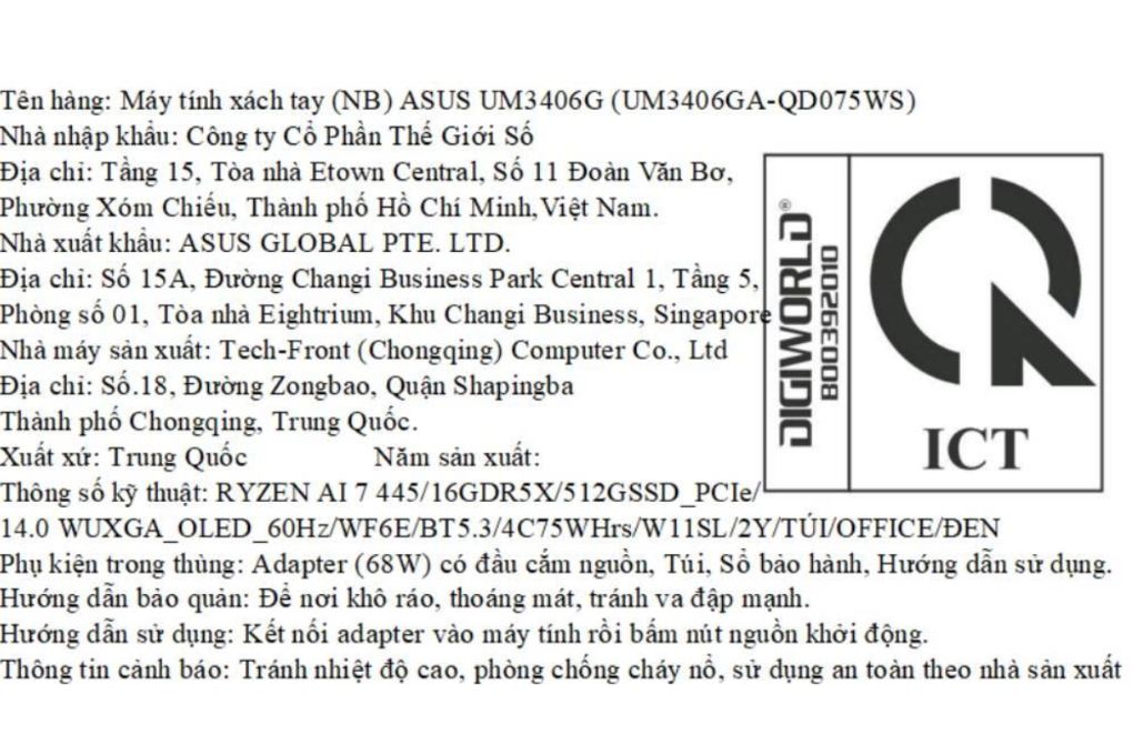 Laptop Asus Zenbook 14 UM3406GA - QD075WS (R7 AI 445 ,16GB, 512GB, WUXGA OLED, OfficeH24+365, Win11) Màu Đen