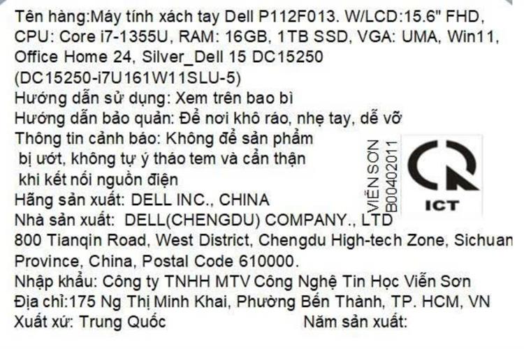 Laptop Dell 15 DC15250 - DC15250-i7U161W11SLU-5 (i7 1355U, 16GB, 1TB, Full HD 120Hz, OfficeH24+365, Win11) Màu Bạc