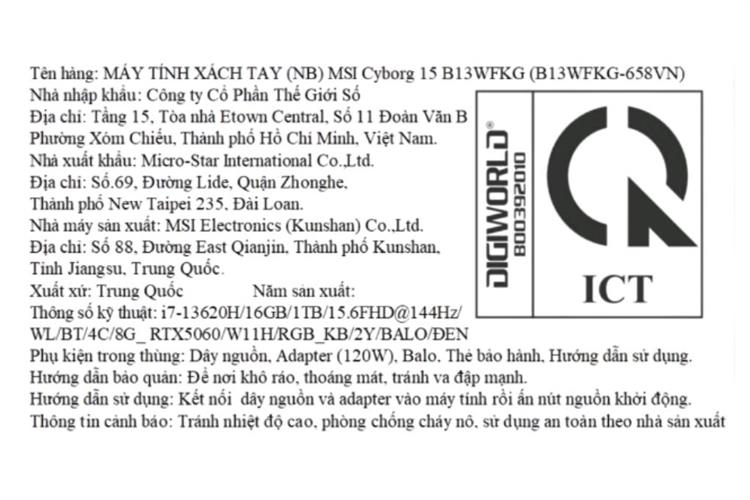 Laptop MSI Gaming Cyborg 15 B13WFKG - 658VN (i7 13620H, 16GB, 1TB, RTX 5060 8GB, Full HD 144Hz, Win11) Màu Đen