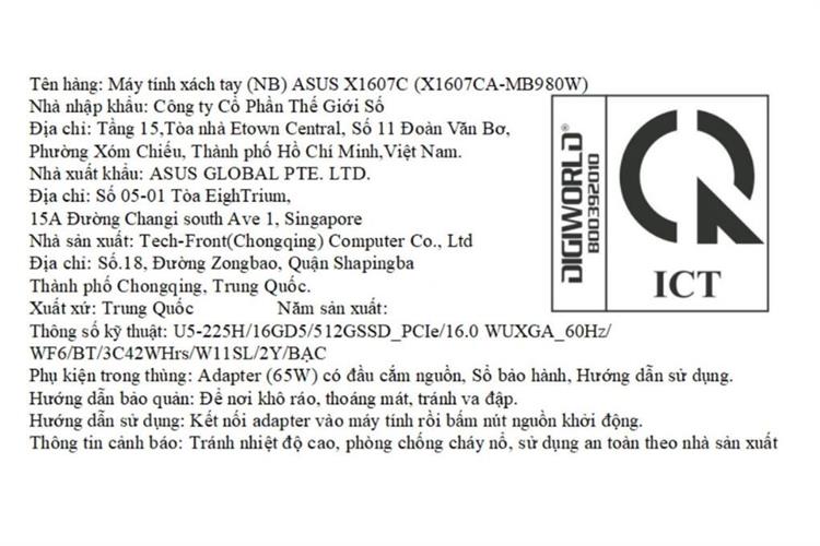 Laptop Asus VivoBook 16 X1607CA - MB980W (Ultra 5 225H, 16GB, 512GB, WUXGA, Win11) Màu Bạc