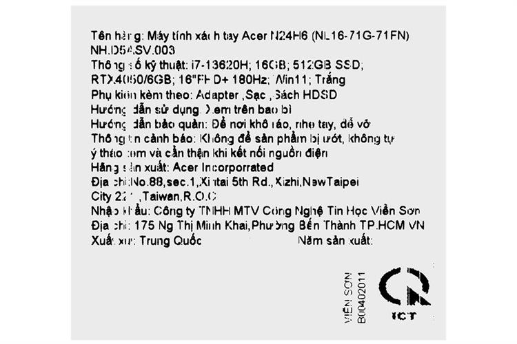 Laptop Acer Nitro Lite NL16-71G-71FN - NH.D5ASV.003 (i7 13620H, 16GB, 512GB, RTX 4050 6GB, FHD+ 180Hz, Win11) Màu Trắng
