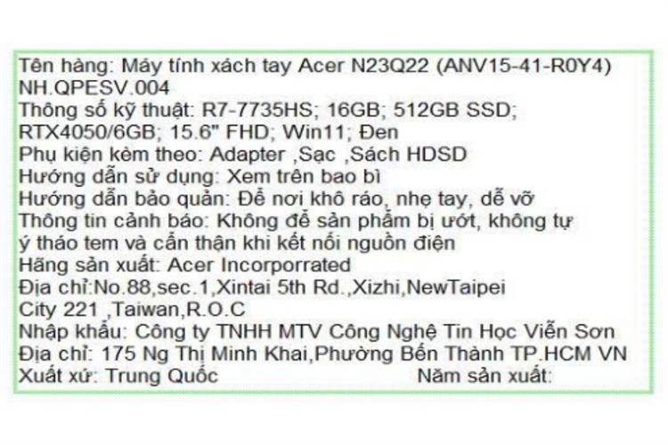 Laptop Acer Nitro V 15 ProPanel ANV15-41-R0Y4 - NH.QPESV.004 (R7 7735HS, 16GB, 512GB, RTX 4050 6GB, Full HD 180Hz, Win11) Màu Đen