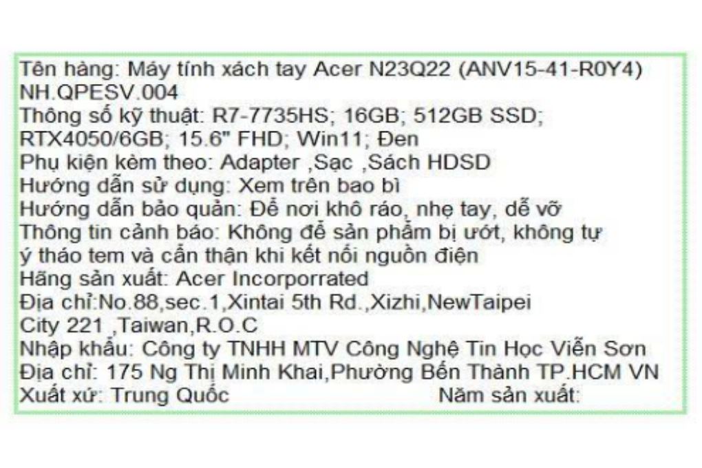 Laptop Acer Nitro ProPanel ANV15-41-R0Y4 - NH.QPESV.004 (R7 7735HS, 16GB, 512GB, RTX 4050 6GB, Full HD 180Hz, Win11) Màu Đen