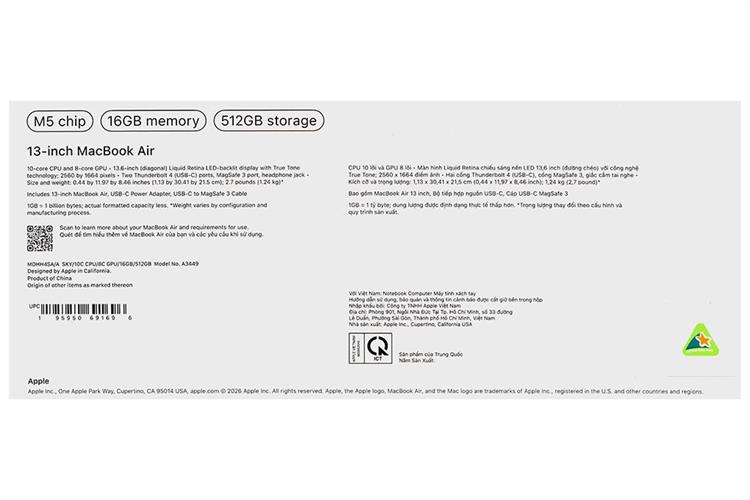 Laptop MacBook Air 13 inch M5 16GB/512GB Màu Xanh da trời nhạt