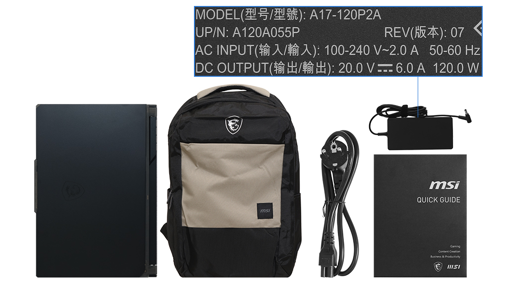 Bộ sản phẩm gồm: Sách hướng dẫn, Balo, Thùng máy, Adapter sạc ( 120W )