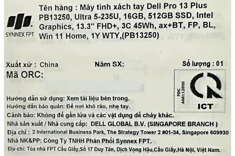 Laptop Dell Pro 13 Plus PB13250 - 71084491 (Ultra 5 235U, 16GB, 512GB, Full HD+, Win11) Màu Bạc