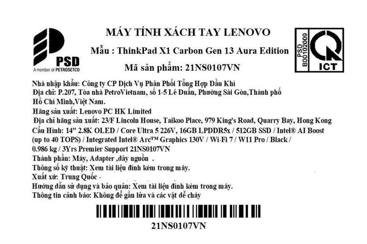 Laptop Lenovo ThinkPad X1 Carbon Gen 13 - 21NS0107VN (Ultra 5 226V, 16GB, 512GB, 2.8K OLED 120Hz, Win11Pro) Màu Đen