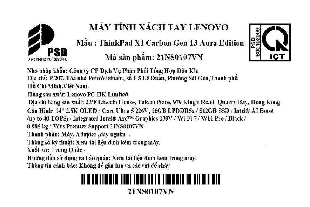 Laptop Lenovo ThinkPad X1 Carbon Gen 13 - 21NS0107VN (Ultra 5 226V, 16GB, 512GB, 2.8K OLED 120Hz, Win11Pro) Màu Đen