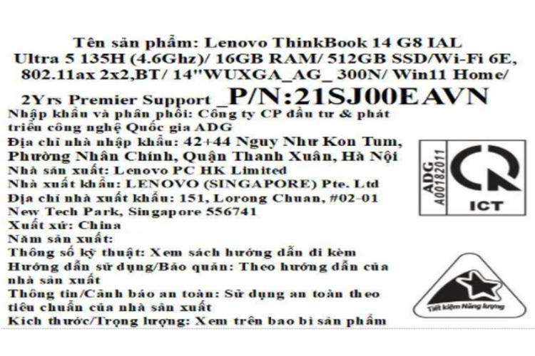 Laptop Lenovo ThinkBook 14 Gen 8 - 21SJ00EAVN (Ultra 5 135H, 16GB, 512GB, WUXGA, Win11) Màu Xám