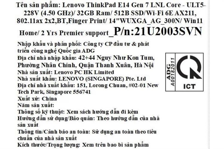 Laptop Lenovo ThinkPad E14 Gen 7 - 21U2003SVN (Ultra 5 228V, 32GB, 512GB, WUXGA, Win11) Màu Đen