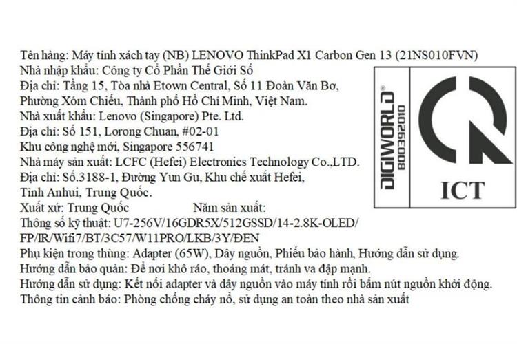 Laptop Lenovo ThinkPad X1 Carbon Gen 13 - 21NS010FVN (Ultra 7 256V, 16GB, 512GB, 2.8K OLED 120Hz, Win11Pro) Màu Đen