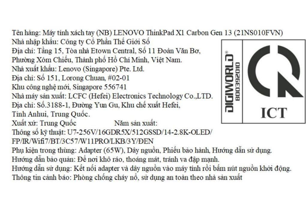Laptop Lenovo ThinkPad X1 Carbon Gen 13 - 21NS010FVN (Ultra 7 256V, 16GB, 512GB, 2.8K OLED 120Hz, Win11Pro) Màu Đen